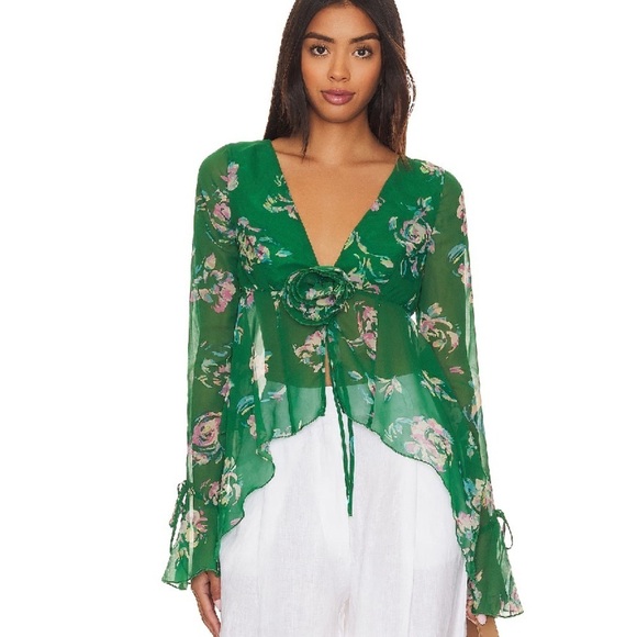 LOVERS & FRIENDS X RACHEL KIERNAN ROMANTIC FLOWY GREEN FLORAL TOP SIZE SMALL - Picture 1 of 11